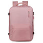 Pink water-resistant travel laptop backpack with front zip pocket and top carry handle