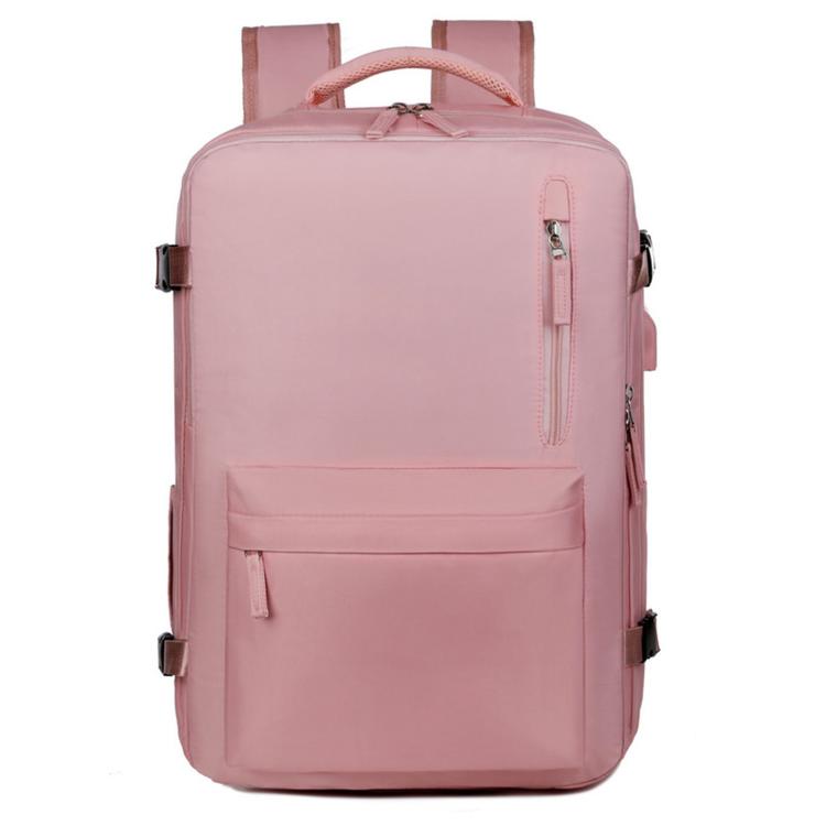 Pink water-resistant travel laptop backpack with front zip pocket and top carry handle