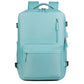 Light blue water-resistant travel laptop backpack with front zip pocket and top carry handle