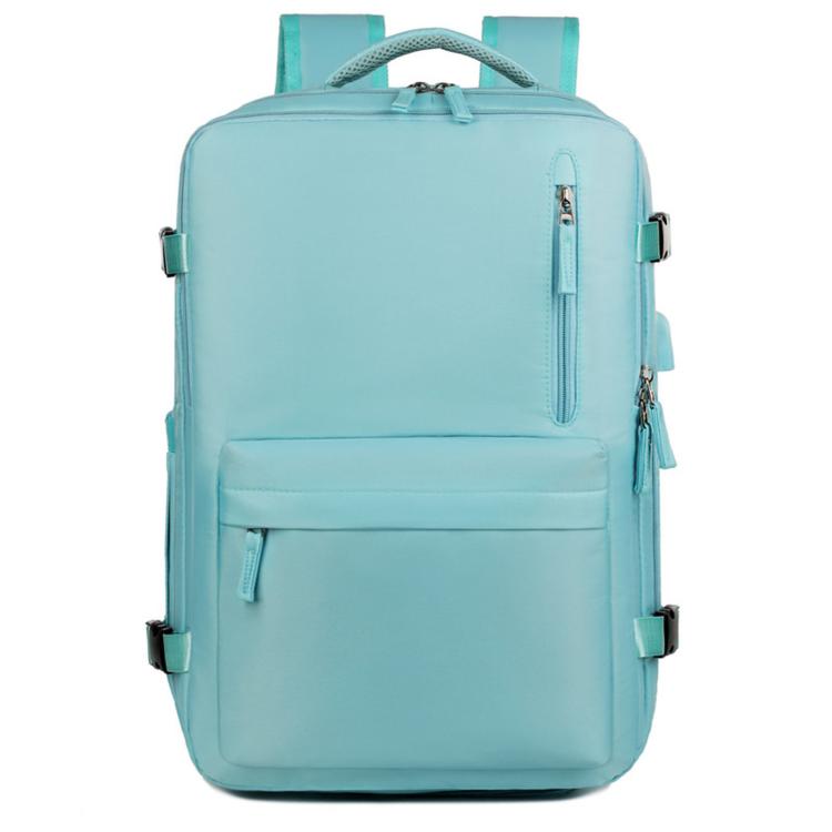 Light blue water-resistant travel laptop backpack with front zip pocket and top carry handle