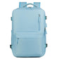 Light blue water-resistant travel laptop backpack with front zip pocket and side straps