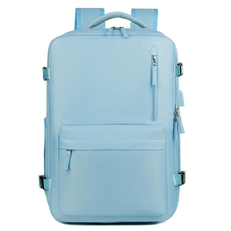 Light blue water-resistant travel laptop backpack with front zip pocket and side straps
