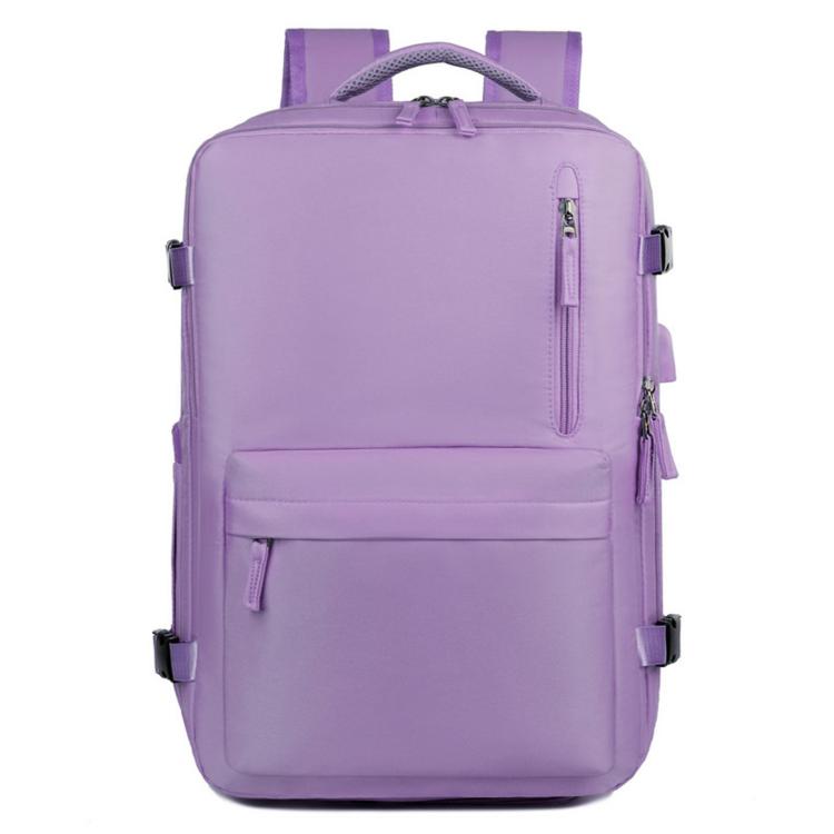 Purple water-resistant travel laptop backpack with front zip pocket and top carry handle