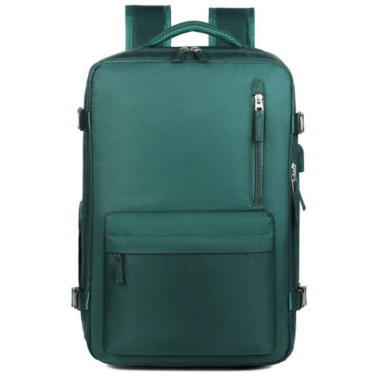 Dark green water-resistant travel laptop backpack with front zip pocket and top carry handle
