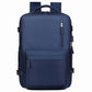 Dark blue water-resistant travel laptop backpack with front zip pocket and top carry handle