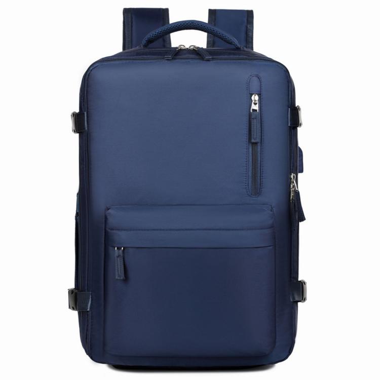 Dark blue water-resistant travel laptop backpack with front zip pocket and top carry handle