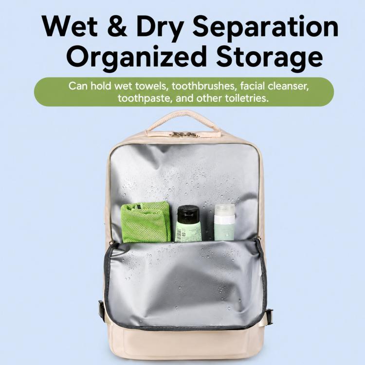 Beige backpack with wet/dry separation compartment for toiletries and small items