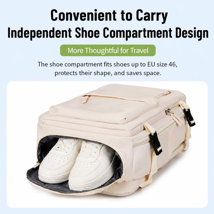 Beige travel laptop backpack with independent shoe compartment, zip top and buckles