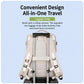 Beige travel laptop backpack with luggage strap, side straps, and front zipper