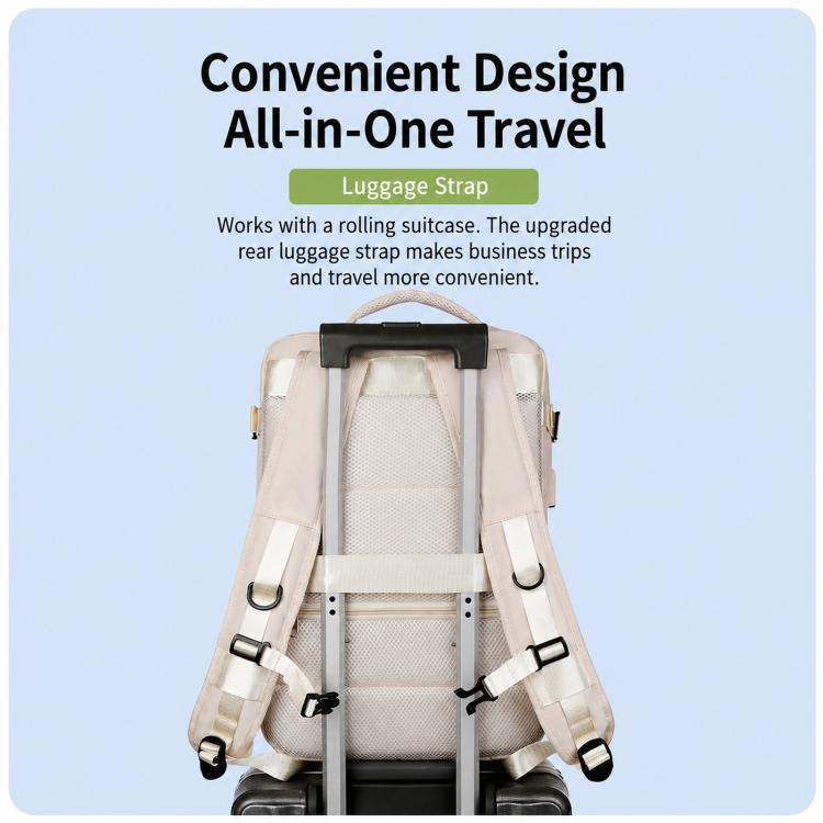 Beige travel laptop backpack with luggage strap, side straps, and front zipper