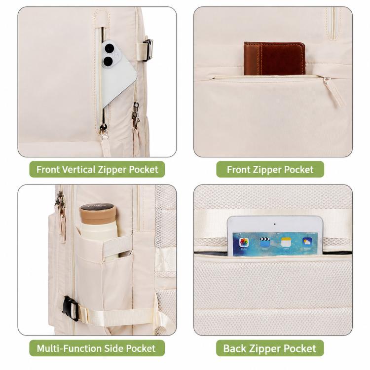 Beige travel laptop backpack with front vertical zipper pocket and back zipper pocket