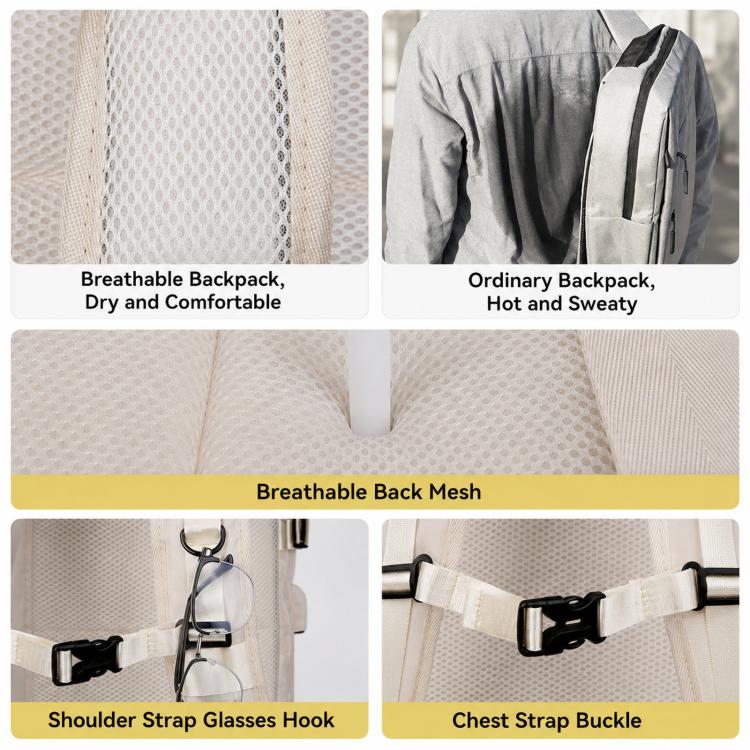 Beige breathable back mesh travel backpack with shoulder straps and chest buckle