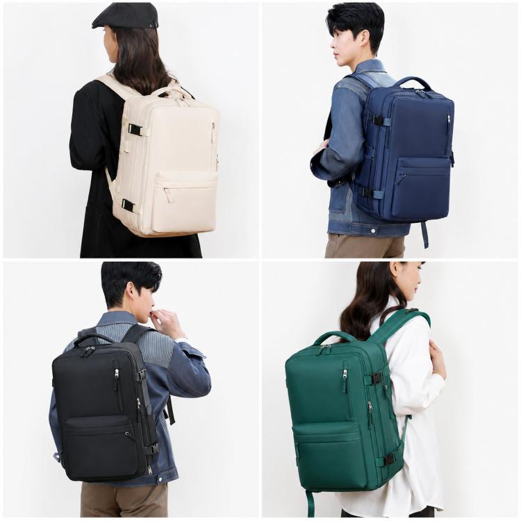 Travel laptop backpack worn by models in multiple colors, with padded straps