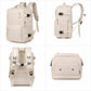 Beige laptop travel backpack with dual side pockets, front and back views