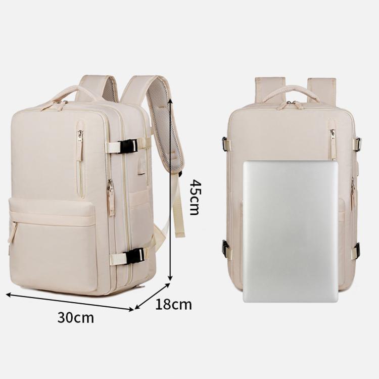 Beige laptop backpack with padded straps and top handle, front and side views