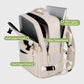 Beige travel laptop backpack opened to show front zipper pocket and main compartment