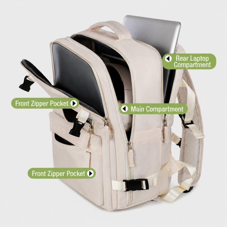 Beige travel laptop backpack opened to show front zipper pocket and main compartment
