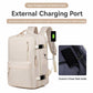 Beige travel backpack with external charging port and built-in charging cable