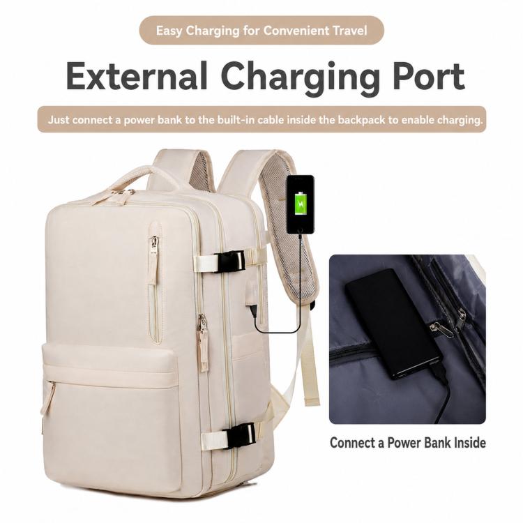 Beige travel backpack with external charging port and built-in charging cable