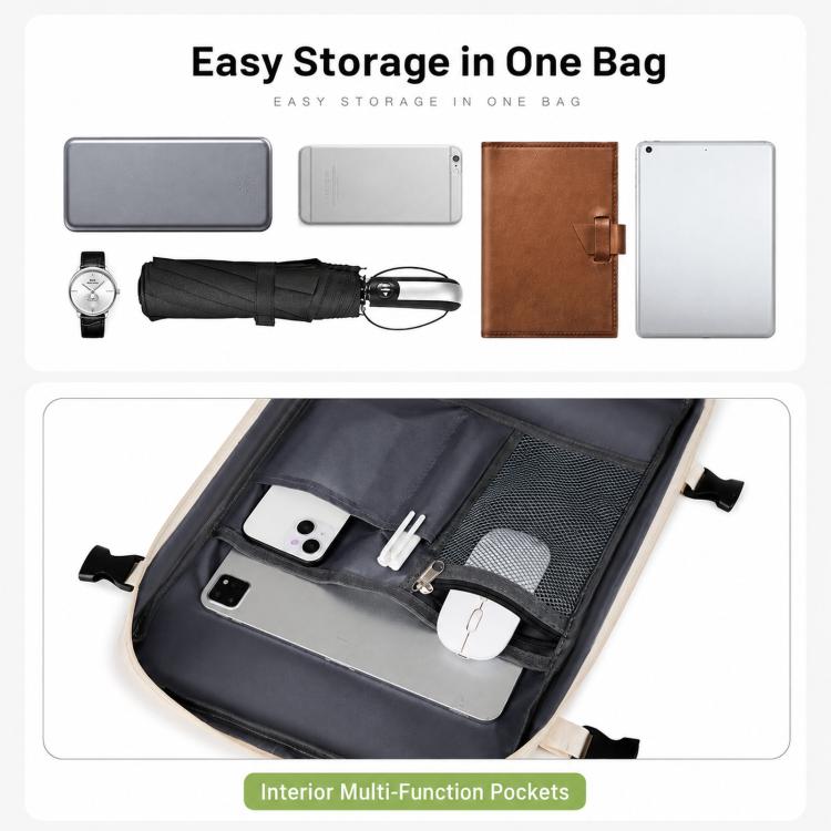 Beige backpack interior with multi-function pockets and laptop sleeve area