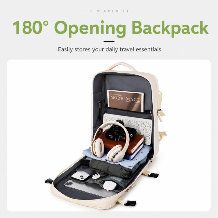 Beige backpack fully opened to reveal interior pockets and organizer space
