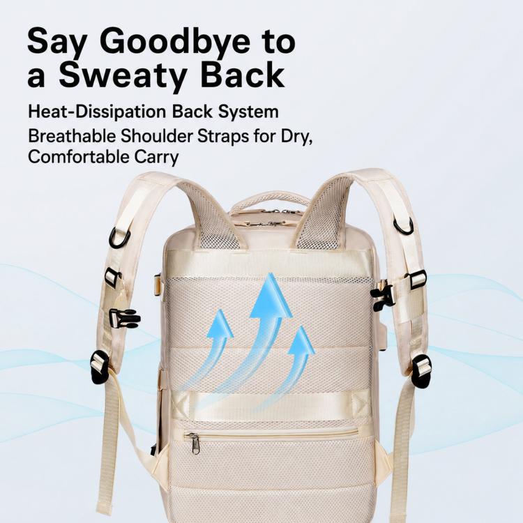 Beige backpack with breathable mesh back panel and padded adjustable shoulder straps