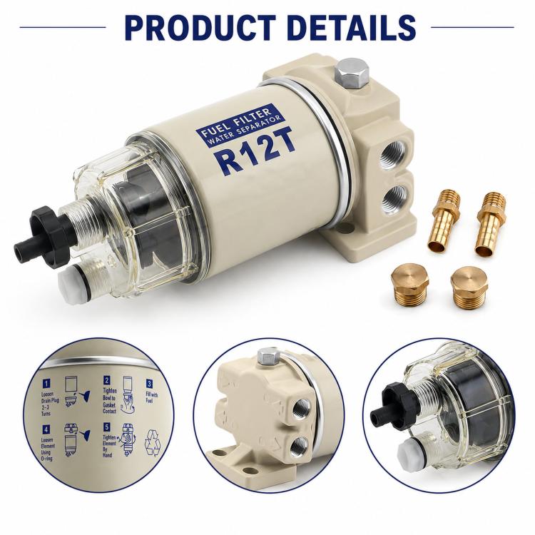 Fuel filter water separator with side ports, clear housing, and brass connector fittings