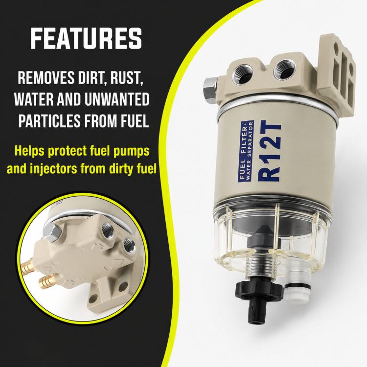 Fuel filter water separator canister with clear bowl and two hose connection ports