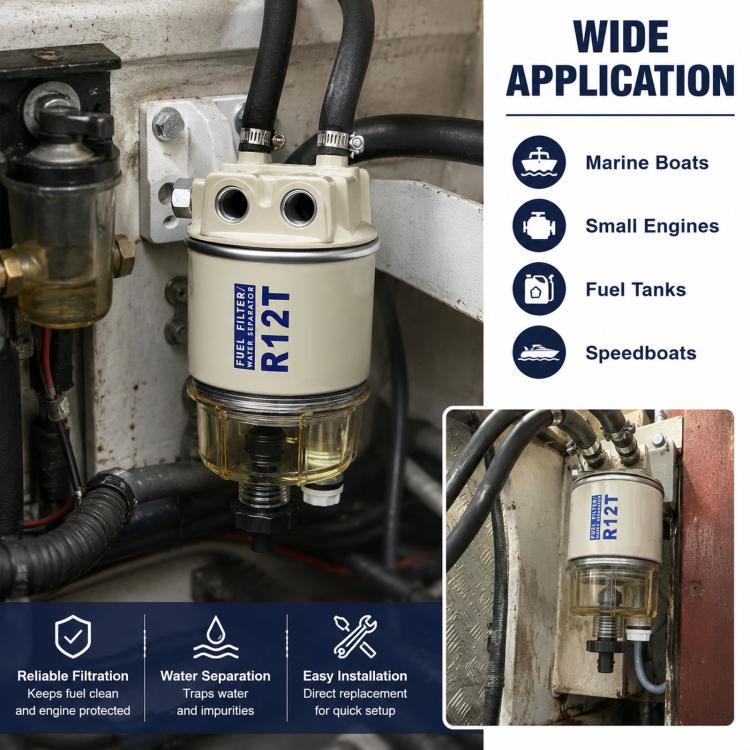 Fuel filter water separator mounted in engine compartment with fuel lines and ports