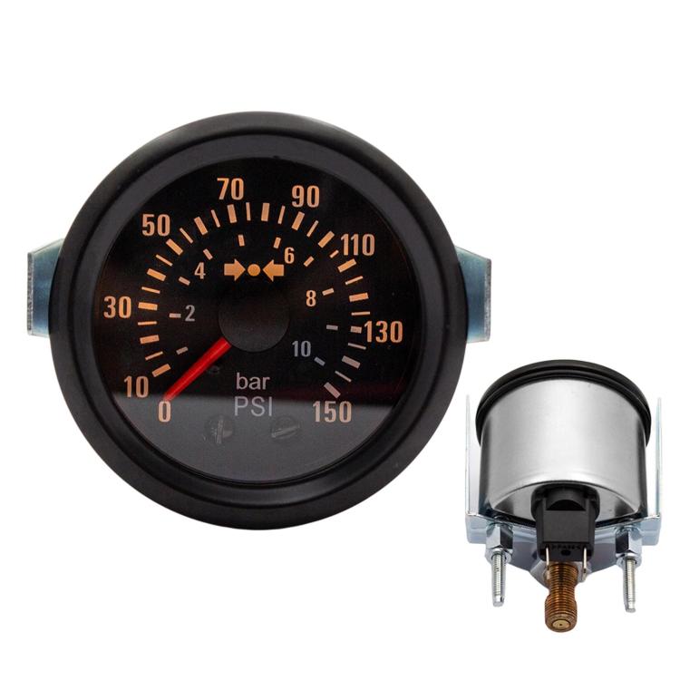 Mechanical car air pressure gauge with black dial, red needle, dual bar/PSI scales