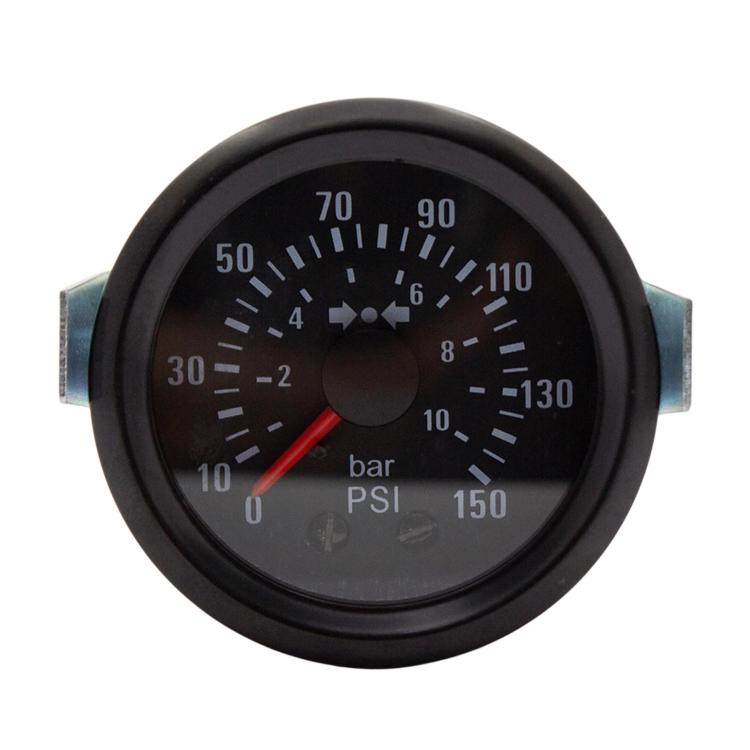Mechanical car air pressure gauge face, black dial with red needle and bar/PSI markings
