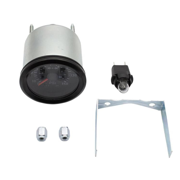 Mechanical car air pressure gauge kit with silver housing, black bezel, bracket and fittings