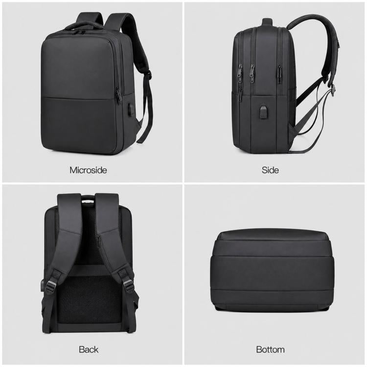 Laptop backpack side, back, and bottom views with adjustable shoulder straps