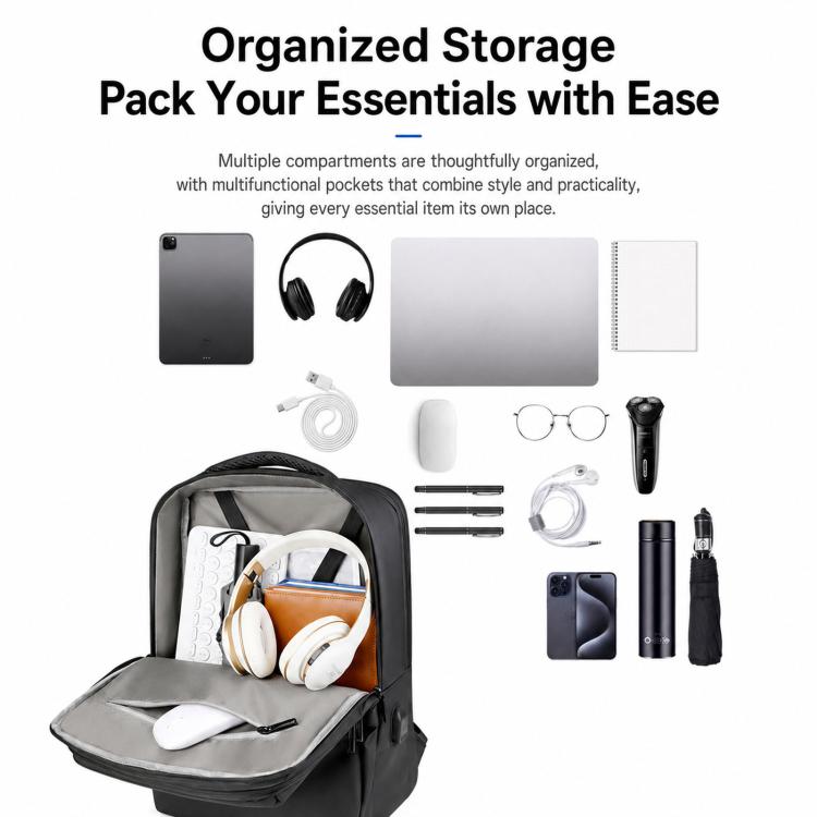 Laptop backpack open with organized compartments and multiple storage pockets