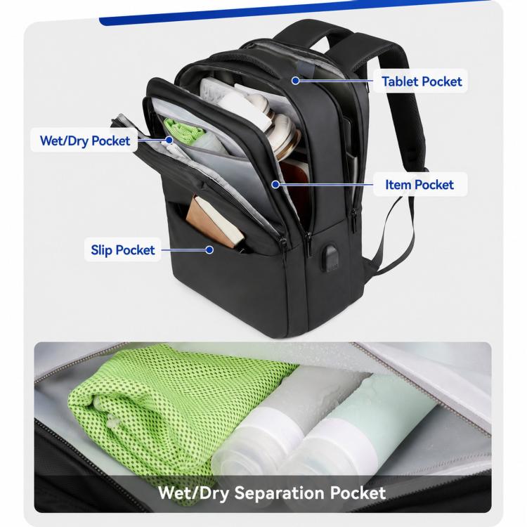 Laptop backpack interior with wet/dry separation pocket, slip pocket, and tablet pocket