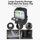 Laptop backpack open with front zipper pocket, tablet/laptop pocket, and side elastic pocket