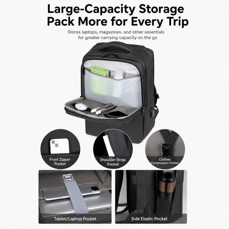 Laptop backpack open with front zipper pocket, tablet/laptop pocket, and side elastic pocket