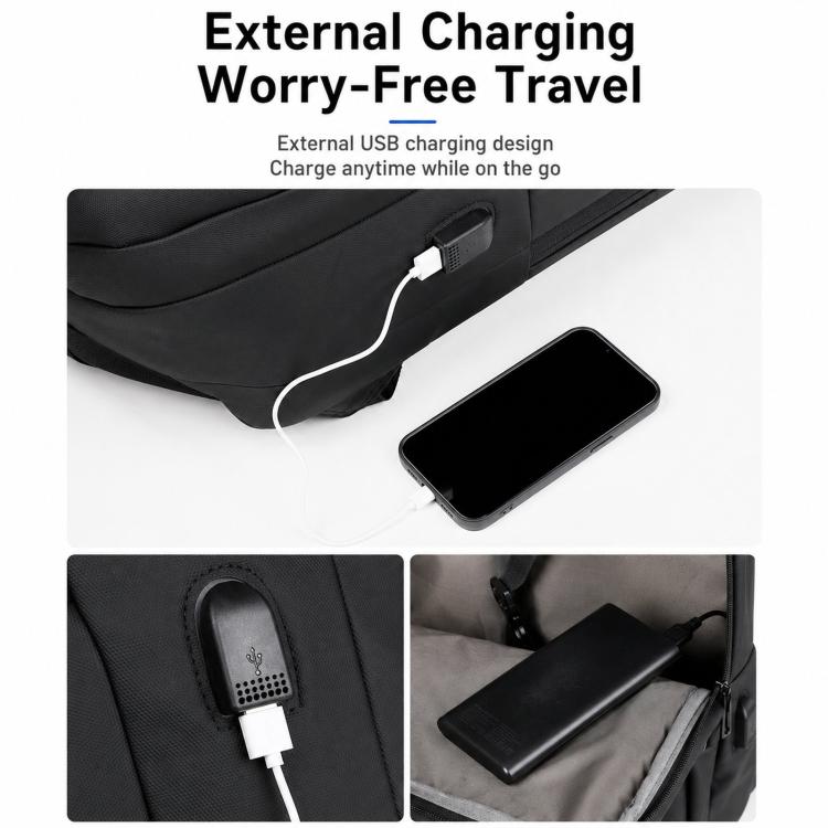 Laptop backpack with external USB charging port and charging cable