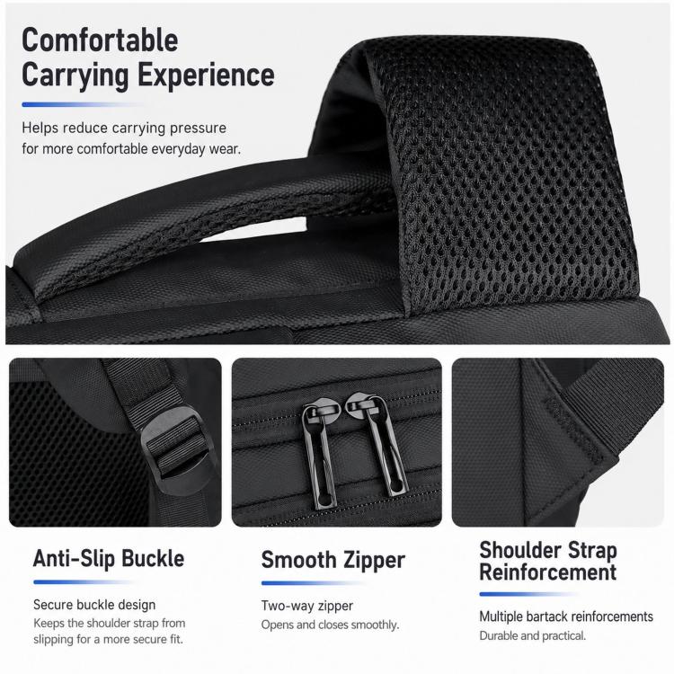 Waterproof laptop backpack with textured back panel, anti-slip buckle, smooth zipper