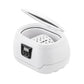 White ultrasonic cleaner with open round lid and control panel on front