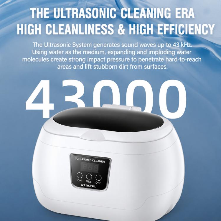 White ultrasonic cleaner with black control panel and dark top lid