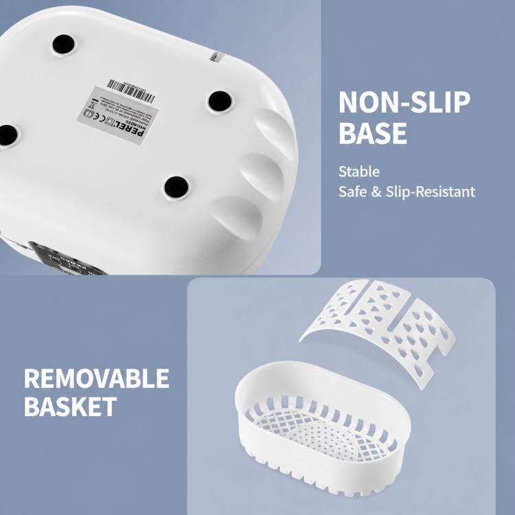 White ultrasonic cleaner with non-slip base and removable perforated basket