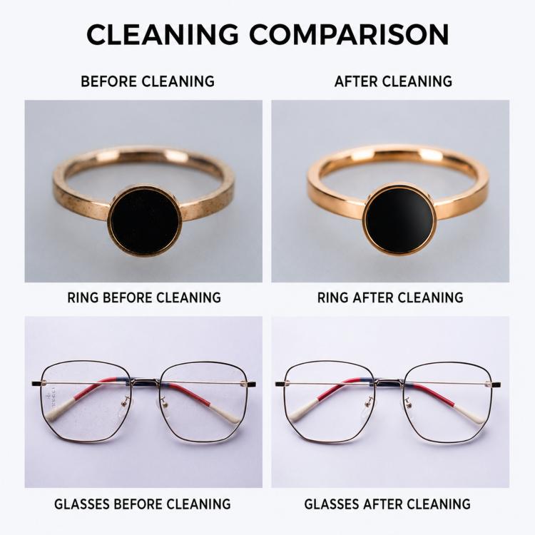 Cleaning comparison of a ring and glasses before and after ultrasonic cleaning
