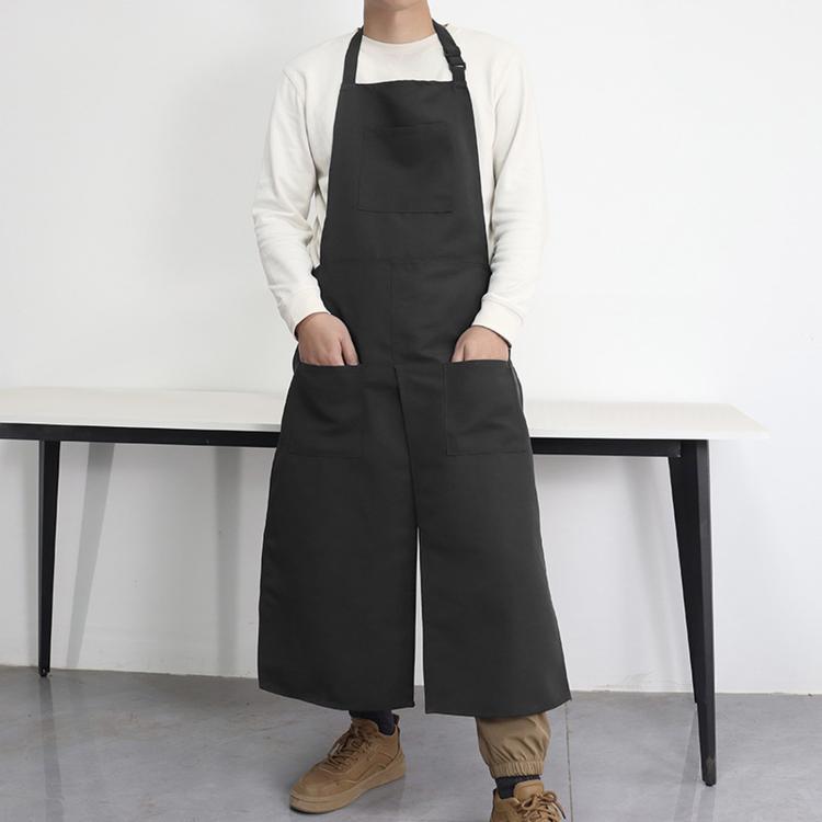Black adjustable halter split-leg apron with 3 pockets