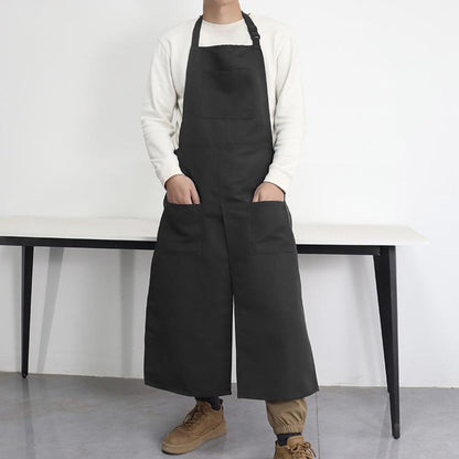 Black adjustable halter split-leg apron with 3 pockets