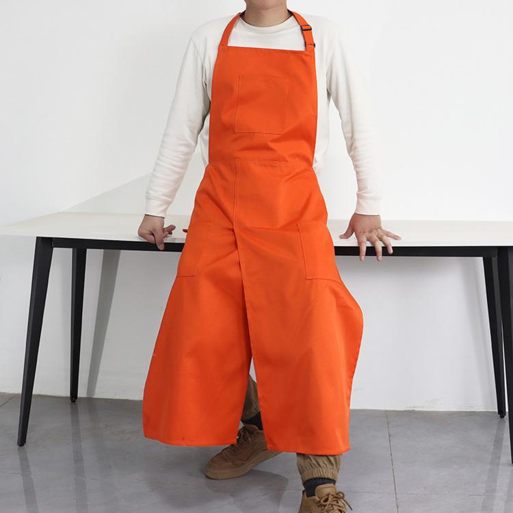 Orange adjustable halter split-leg apron with 3 pockets