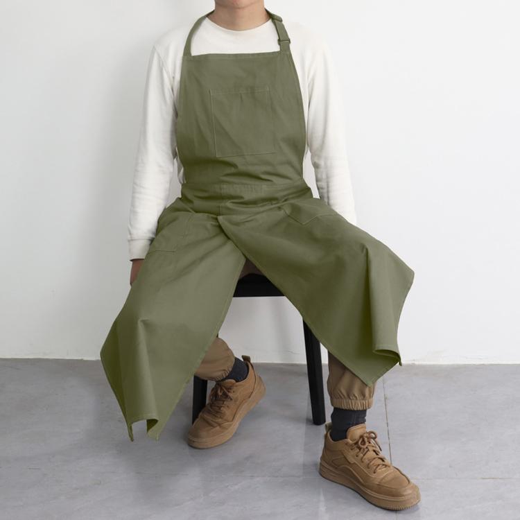 Army green adjustable halter split-leg apron with 3 pockets