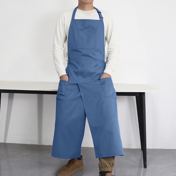 Blue adjustable halter split-leg apron with 3 pockets