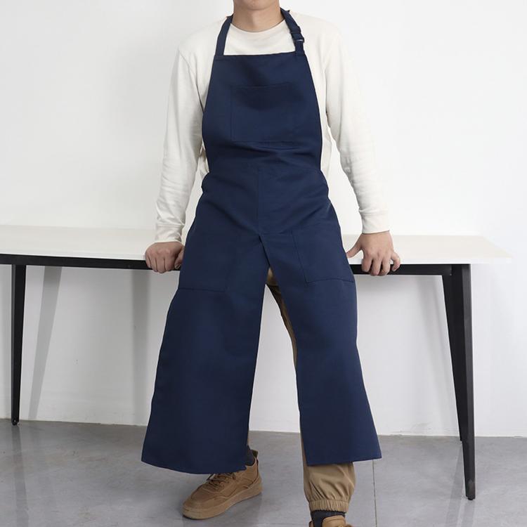 Deep blue adjustable halter split-leg apron with 3 pockets