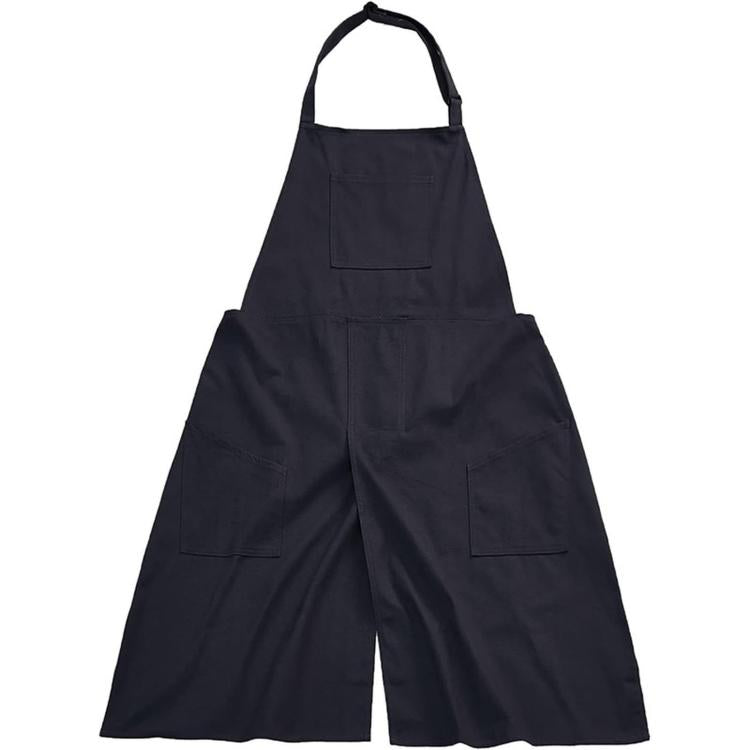 Black halter apron with front pocket and split-leg design